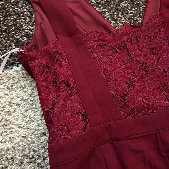 LULUS (XL) Burgundy Kiska Jumpsuit Dressy Red Lace V-Neck Surplice Sleeveless - Picture 11 of 16
